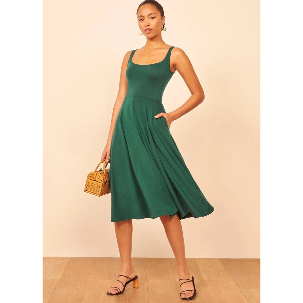 Reformation Jeans Midi Dress S Green Scoop Neck Sustainable Wedding Guest